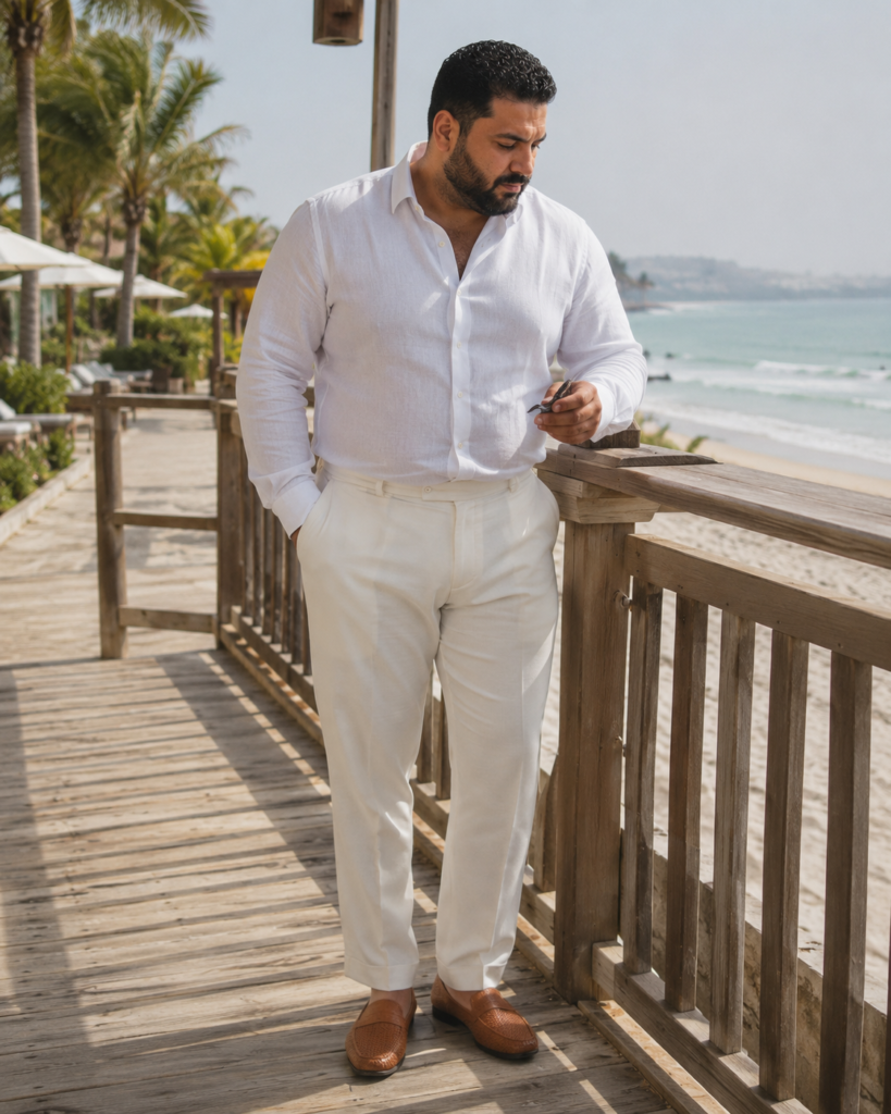 All-White Linen Shirt With Ivory Dress Trousers and Tan Woven Loafers for a Beach Wedding