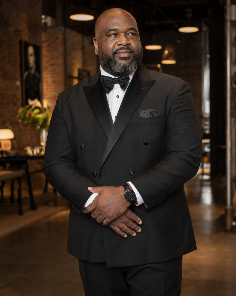 Black Double-Breasted Tuxedo With a White Dress Shirt and Black Silk Pocket Square