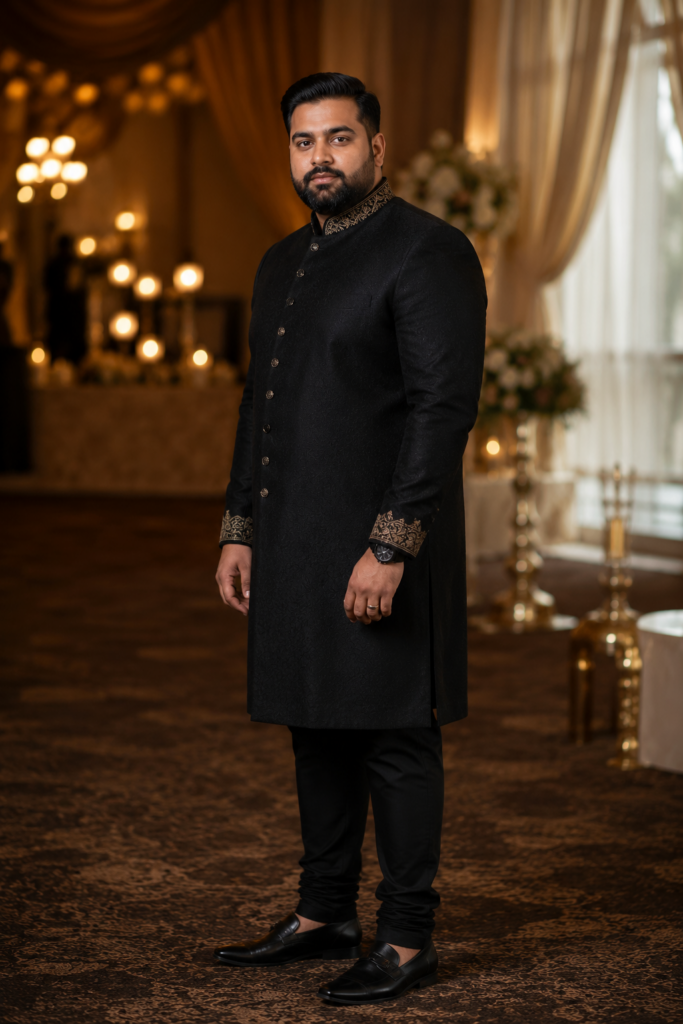 . Black Kurta Sherwani With Gold Embroidery and Slim Churidar Trousers