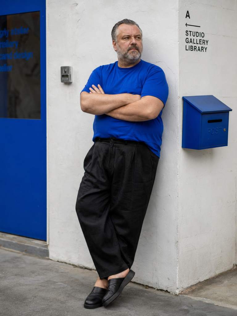 Black Relaxed Linen Trousers With a Cobalt Blue Fitted Tee and Black Leather Mules