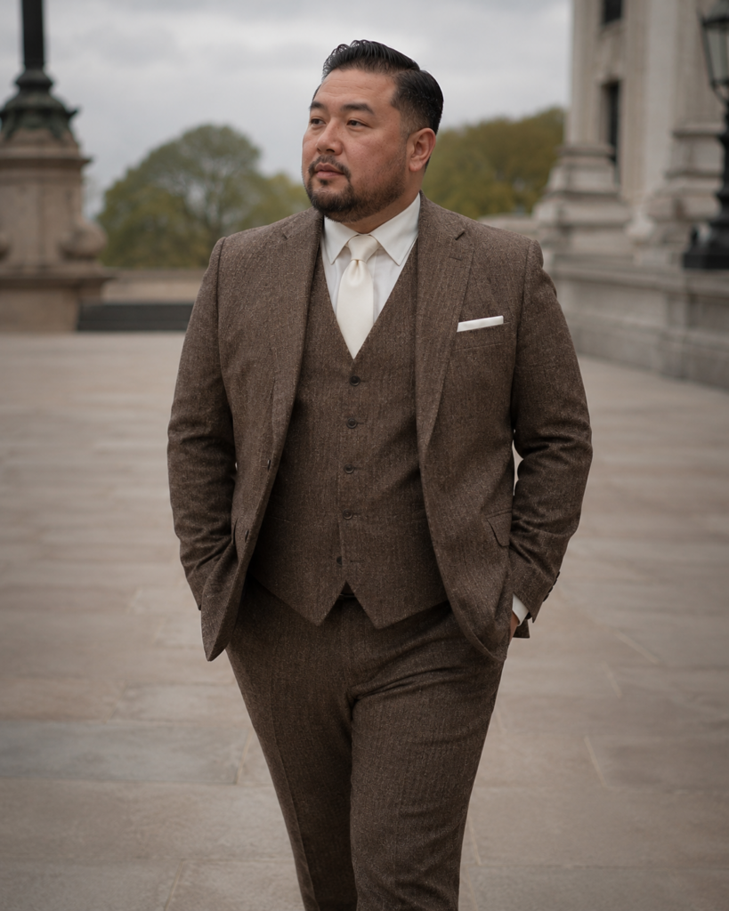 Brown Tweed Three-Piece Suit With an Ivory Silk Tie
