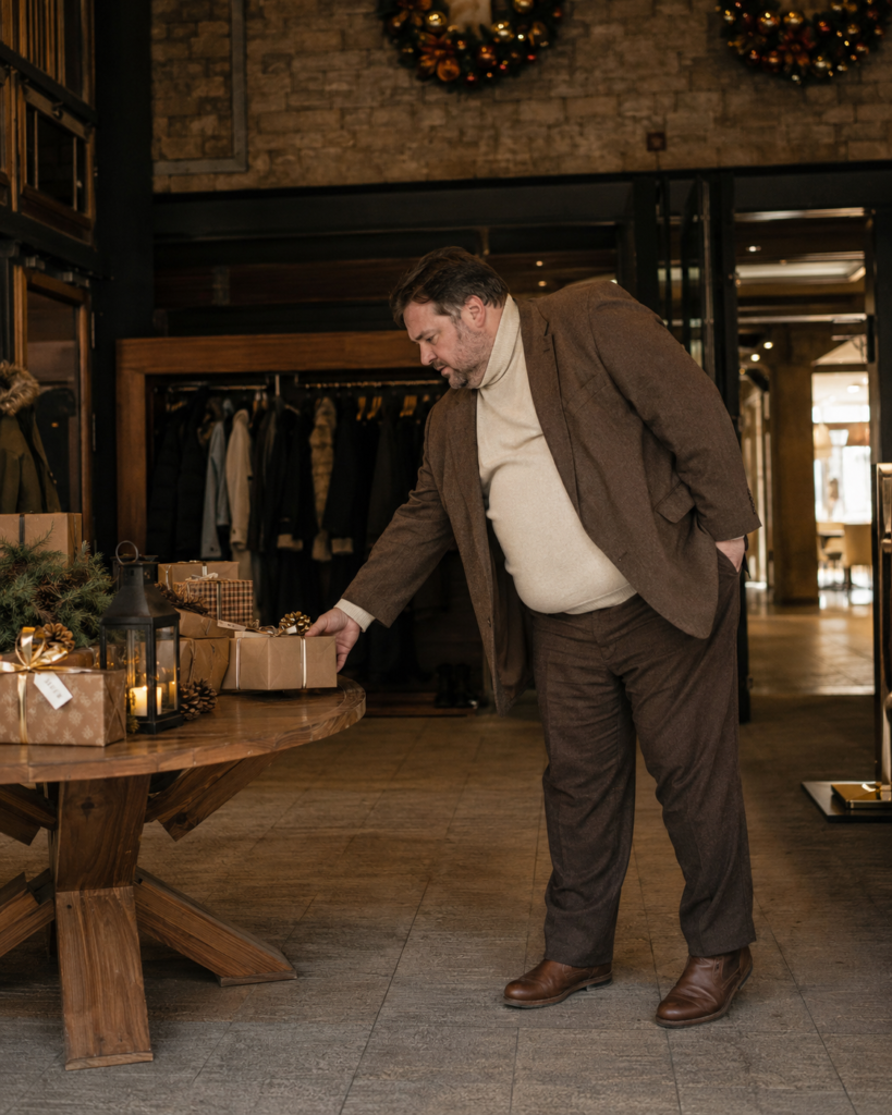 Brown Wool Suit With an Ivory Turtleneck and Tan Leather Boots