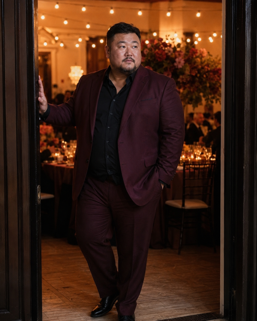 Burgundy Dress Trousers With a Matching Suit Jacket and a Black Fitted Dress Shirt
