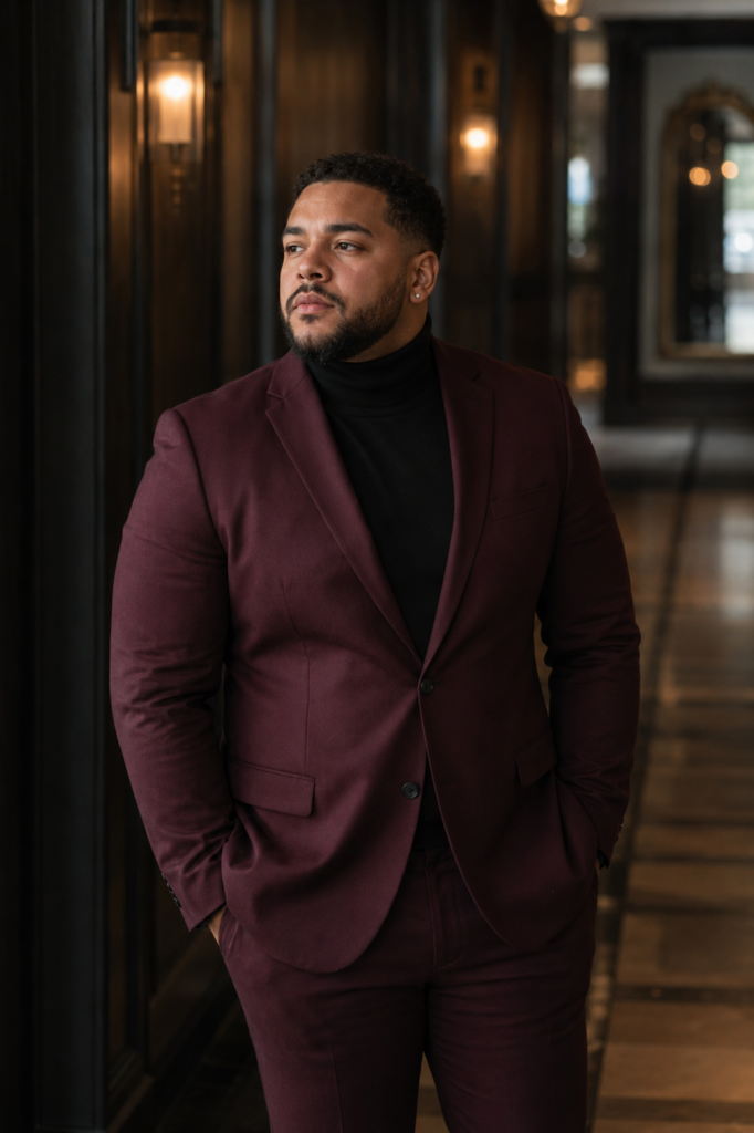 Burgundy Suit With a Black Turtleneck