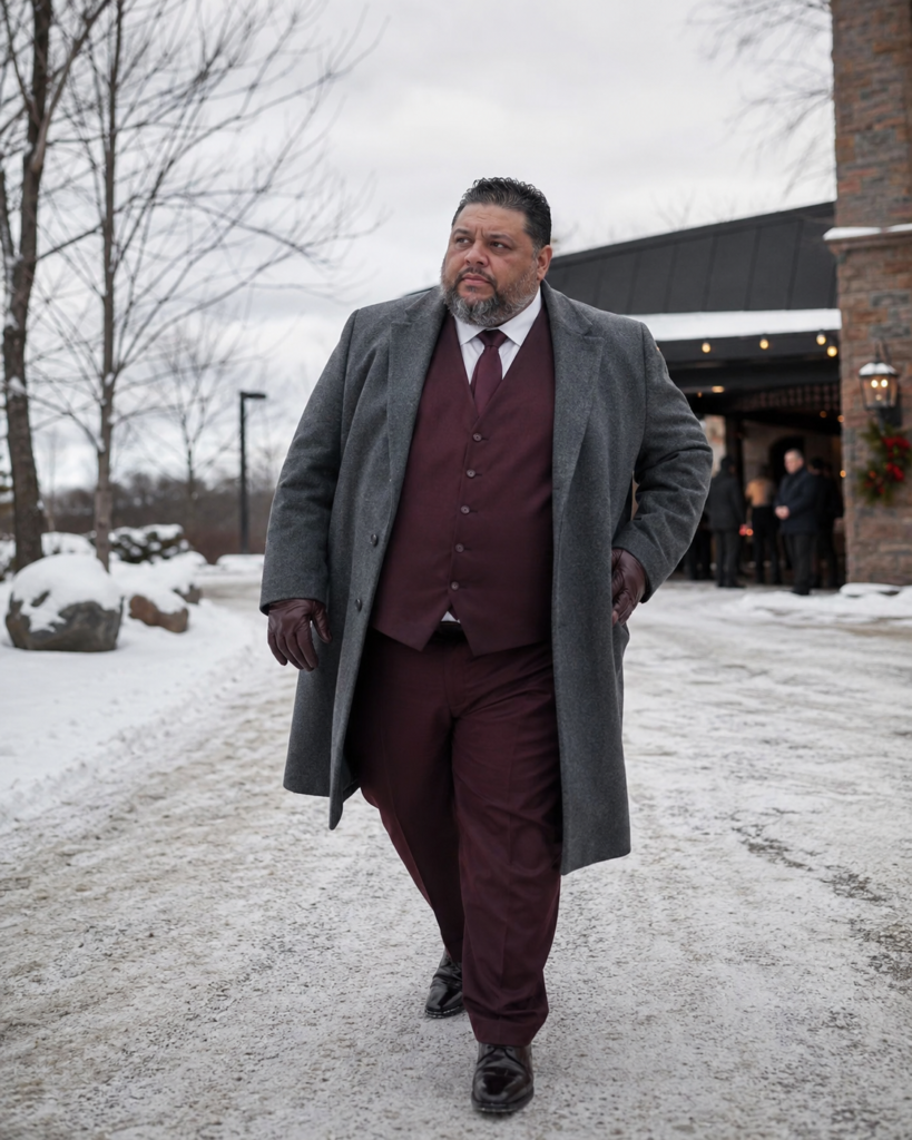 Burgundy Three-Piece Suit With a Grey Wool Overcoat and Brown Leather Gloves