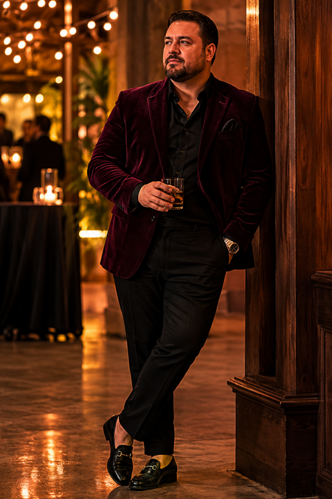 Burgundy Velvet Blazer With Black Slim Trousers
