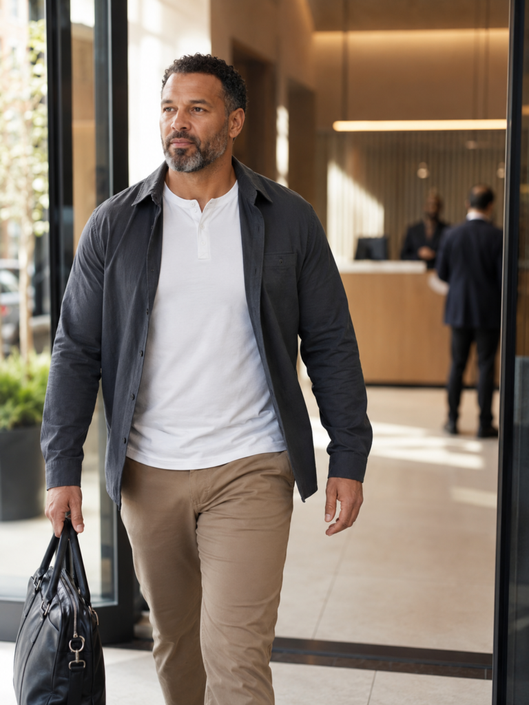 Camel Flat-Front Trousers With a Fitted White Henley and a Lightweight Charcoal Overshirt
