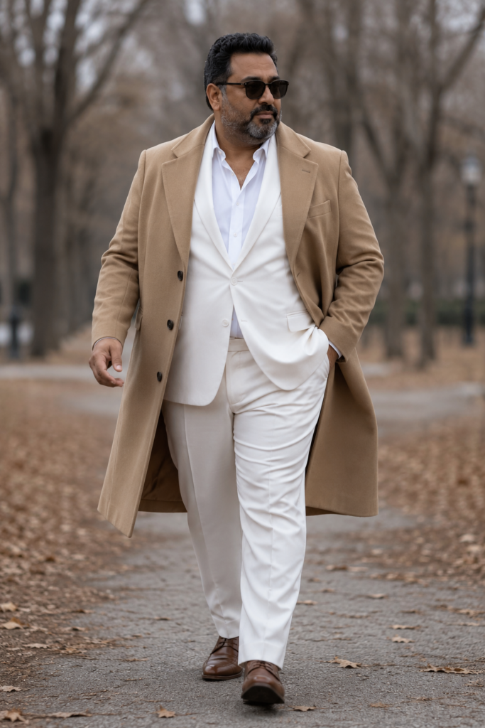 Camel Overcoat Over a White Suit