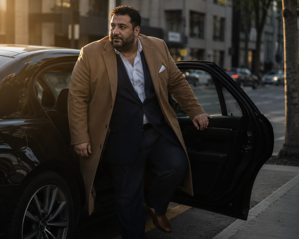 Camel Topcoat Over a Navy Suit With a White Pocket Square
