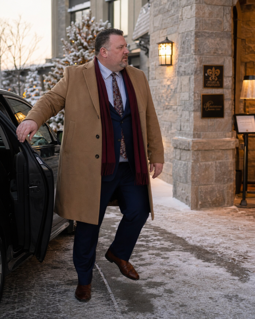 Camel Wool Topcoat Over a Navy Suit With a Burgundy Wool Scarf