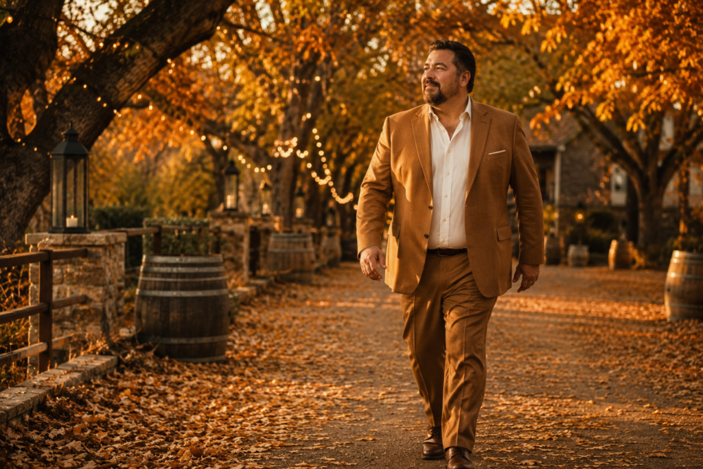 Caramel Brown Suit With an Ivory Dress Shirt and No Tie for an Autumn Wedding
