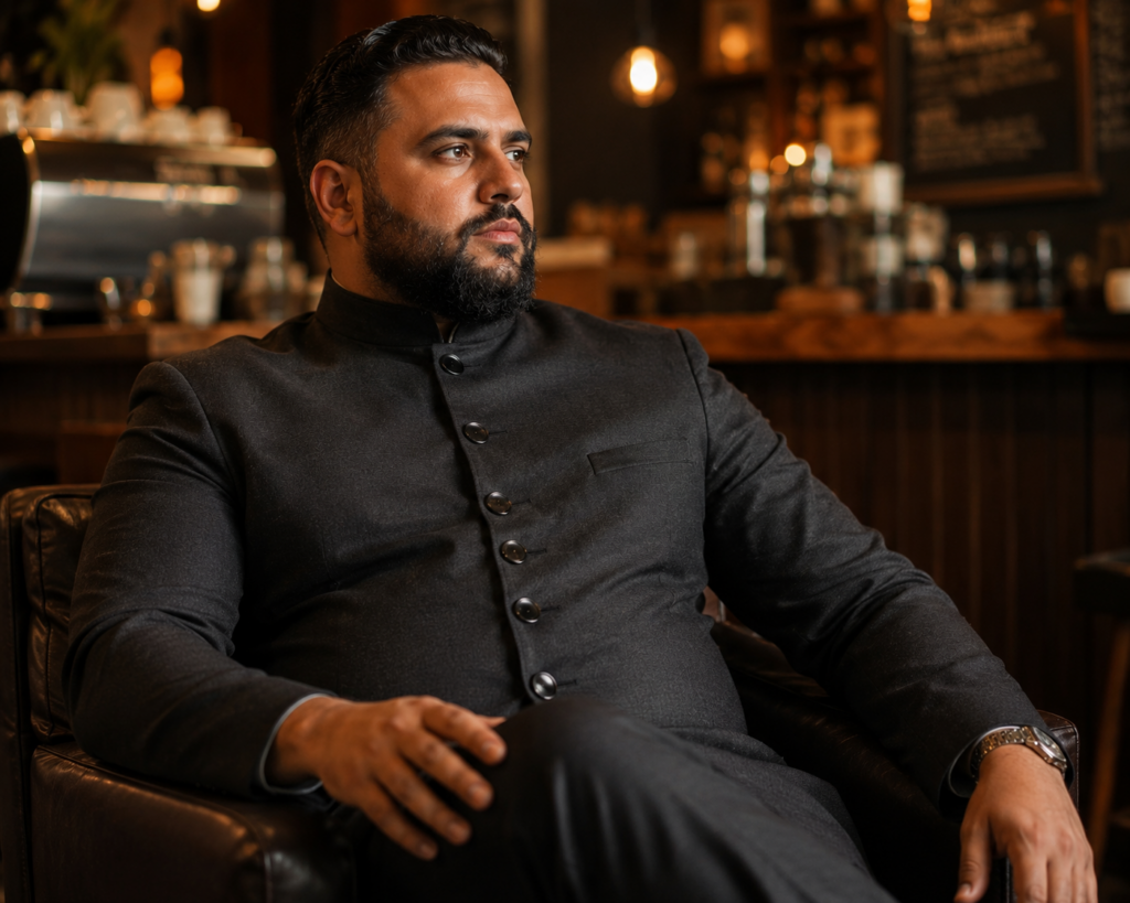 Charcoal Grey Nehru Jacket With Matching Trousers