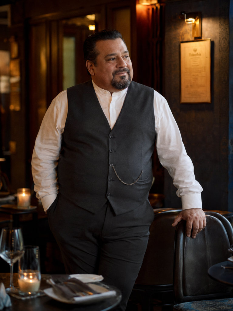 Charcoal Slim Trousers With a Matching Waistcoat and a White Mandarin Collar Shirt