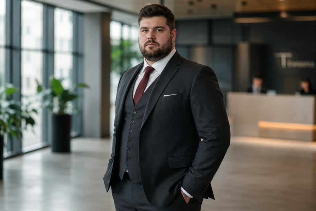Charcoal Three-Piece Suit With a Burgundy Tie