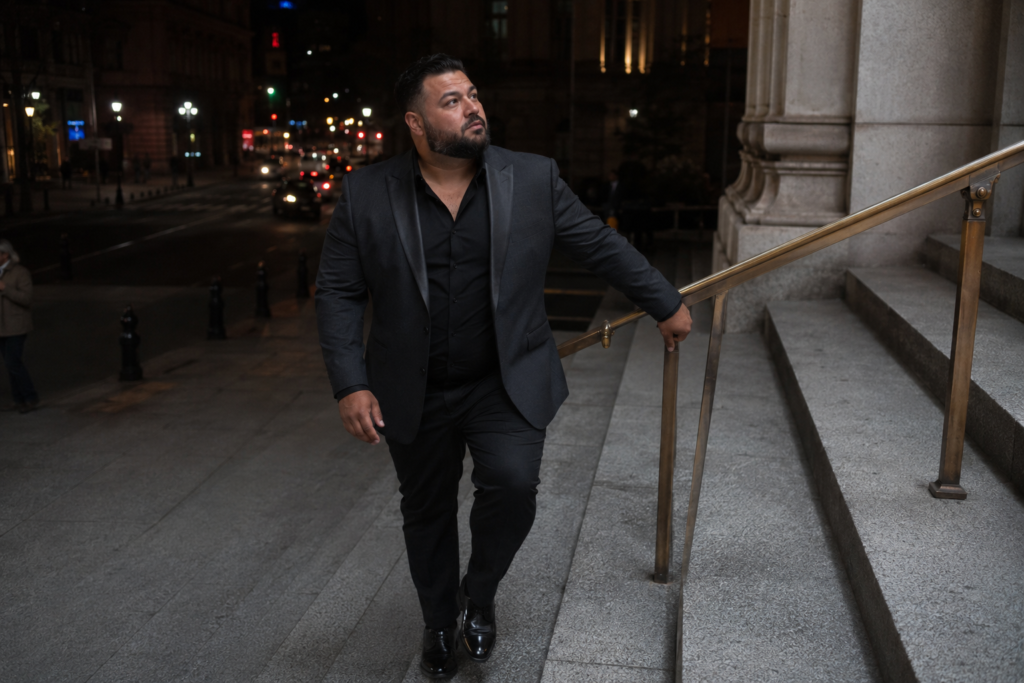 Charcoal Tuxedo Suit With Satin Lapels, a Black Dress Shirt, and Black Formal Shoes