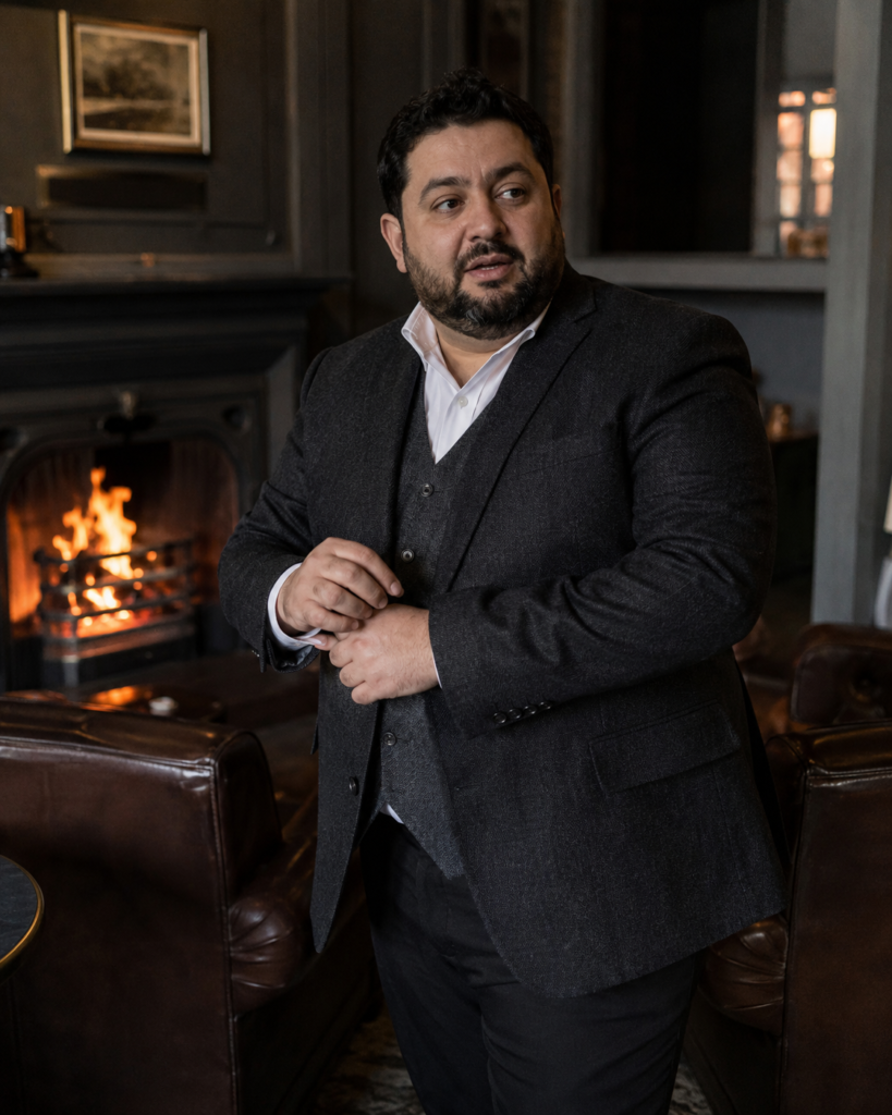 Charcoal Tweed Blazer With Black Trousers and a Grey Wool Vest