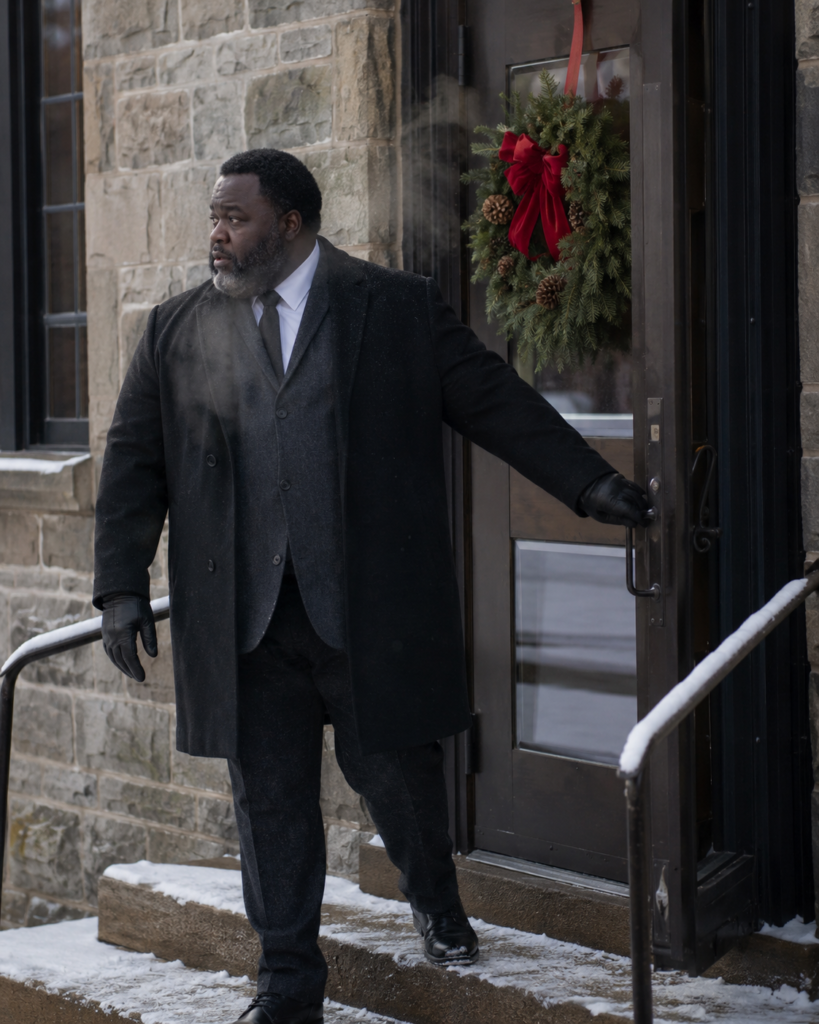 Charcoal Wool Suit With a Black Wool Overcoat and Black Leather Gloves