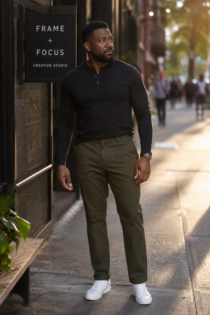 Dark Olive Chinos With a Fitted Black Henley and White Sneakers