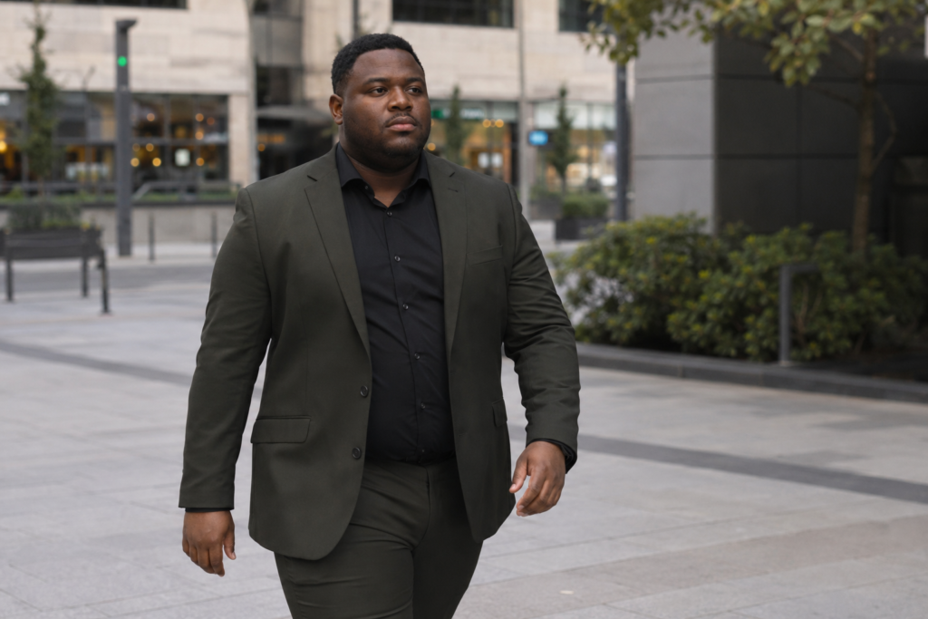 Dark Olive Suit With a Black Dress Shirt and No Accessories