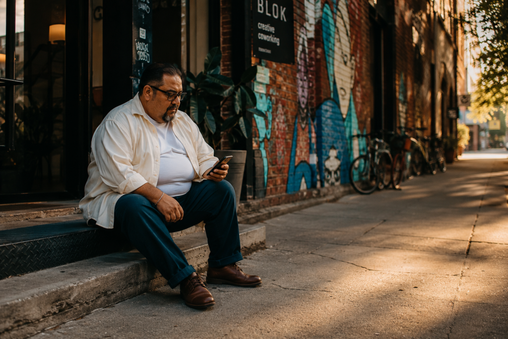 Dark Teal Relaxed Trousers With an Ivory Oversized Button-Down and Brown Derby Shoes