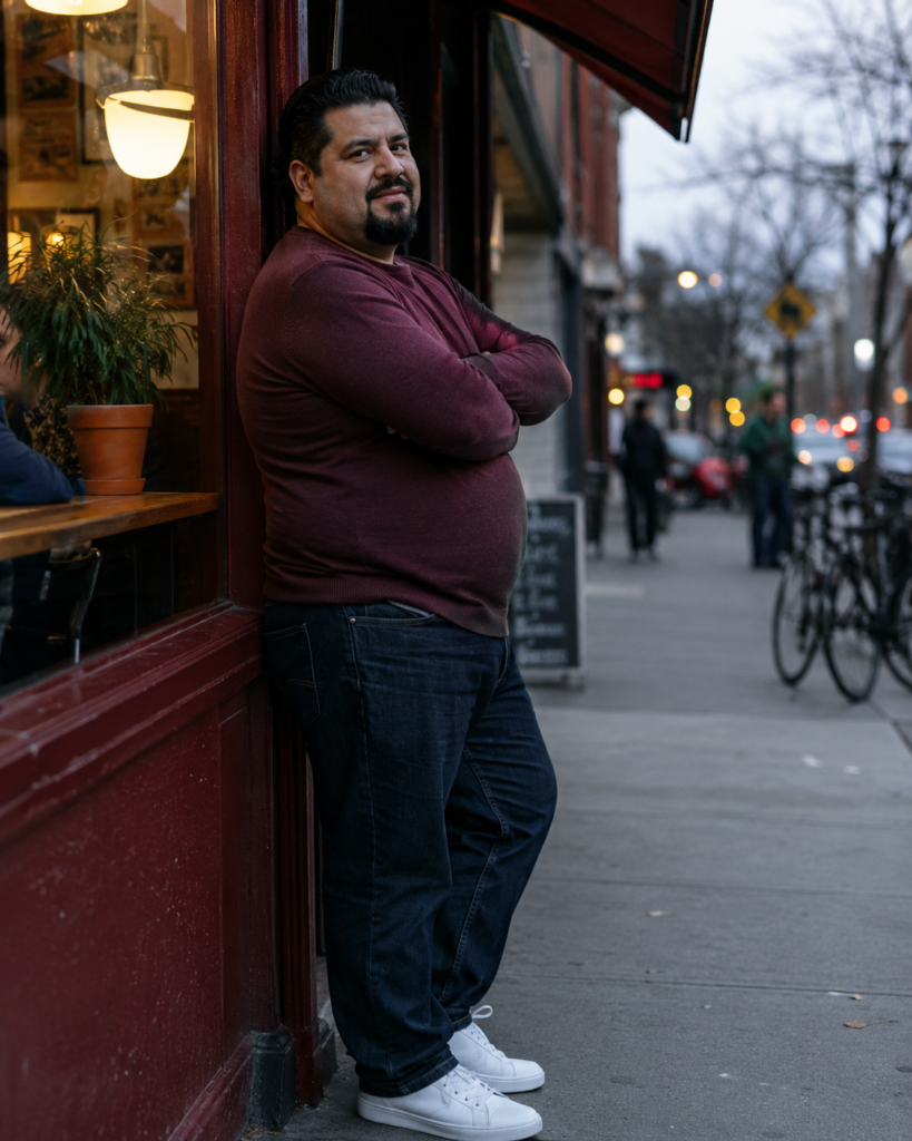 Dark Wash Straight-Leg Jeans With a Burgundy Crew Neck Sweater and White Sneakers