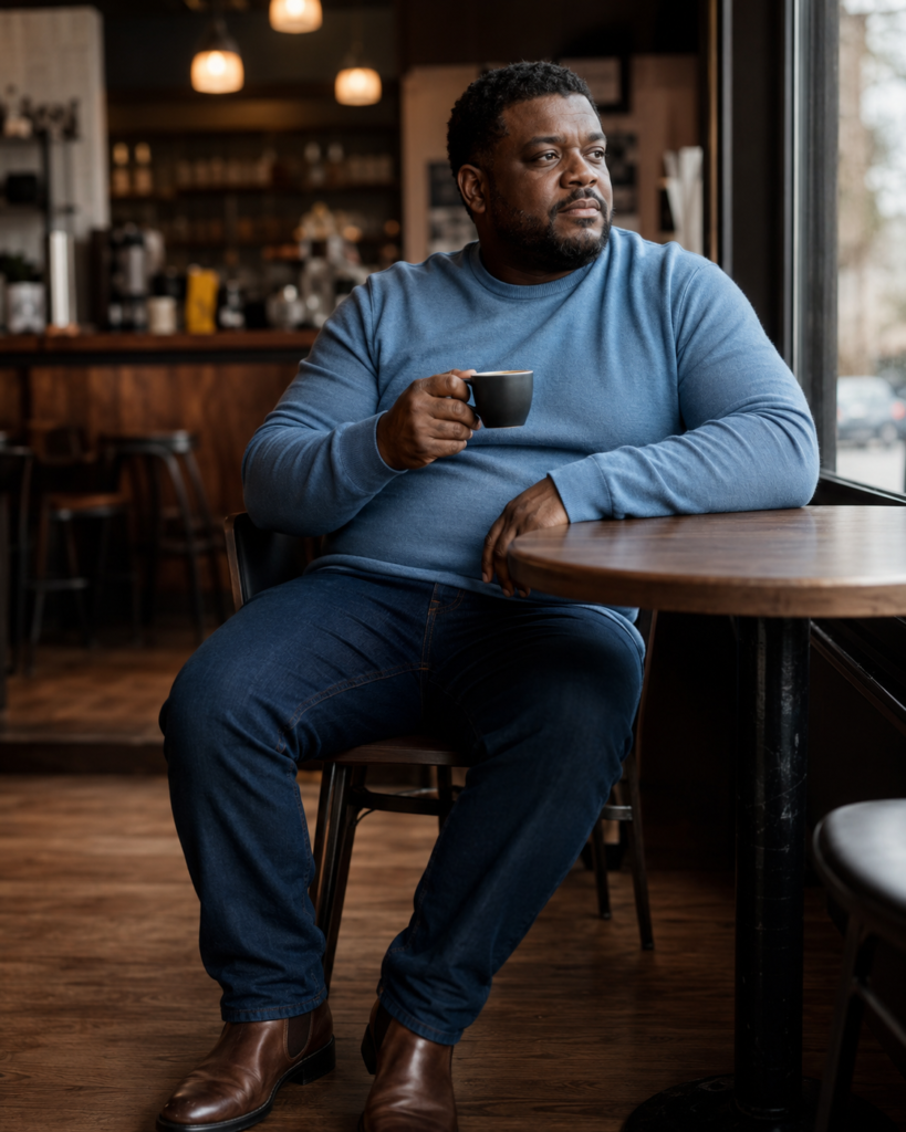 Dark Wash Straight-Leg Jeans With a Fitted Soft Blue Merino Crew Neck and Brown Leather Chelsea Boots