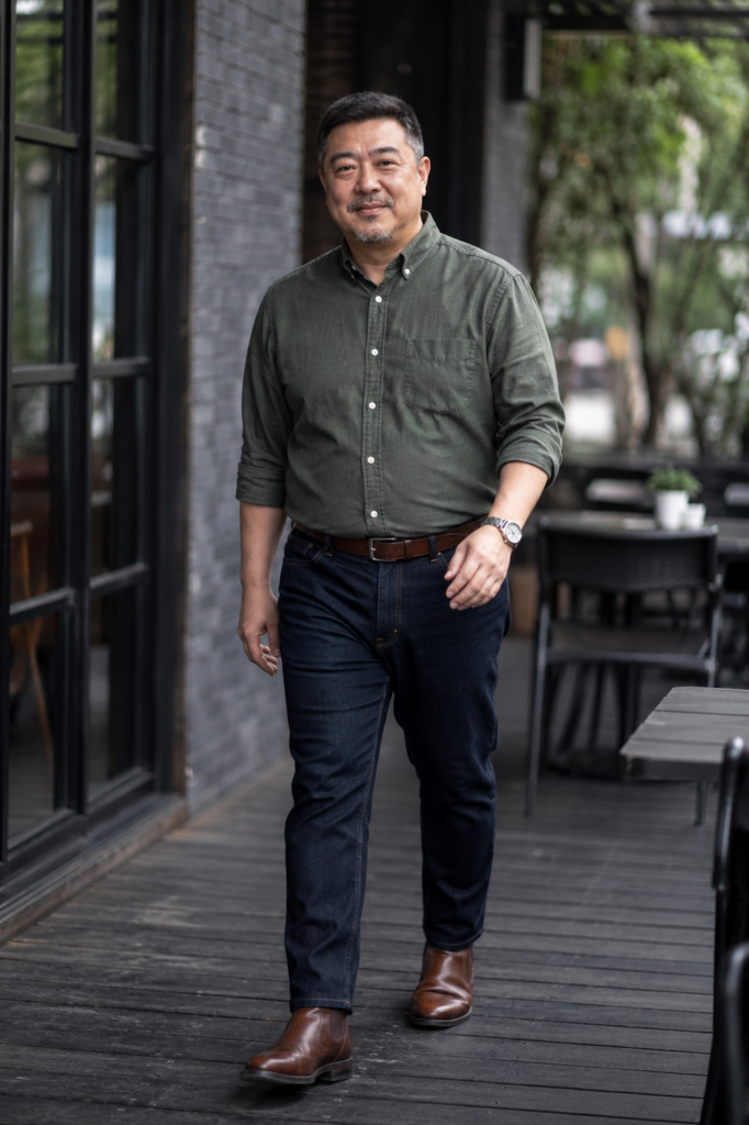 Dark Wash Straight-Leg Jeans With a Tucked Olive Chambray Shirt and Brown Leather Boots