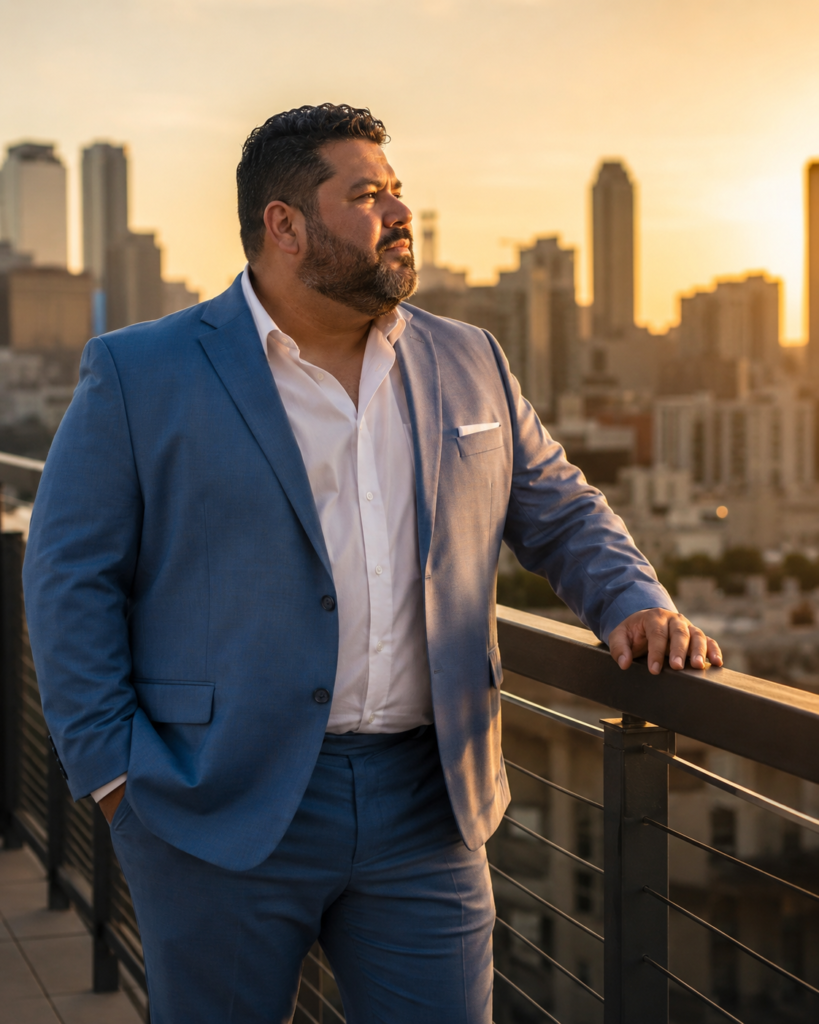 Dusty Blue Suit With a White Dress Shirt, No Tie, and White Pocket Square