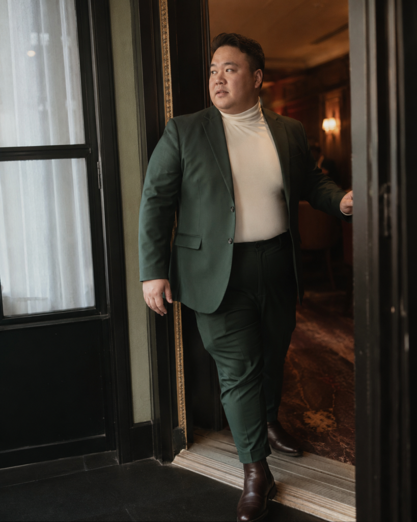 Forest Green Suit Set With a Cream Turtleneck and Dark Brown Chelsea Boots