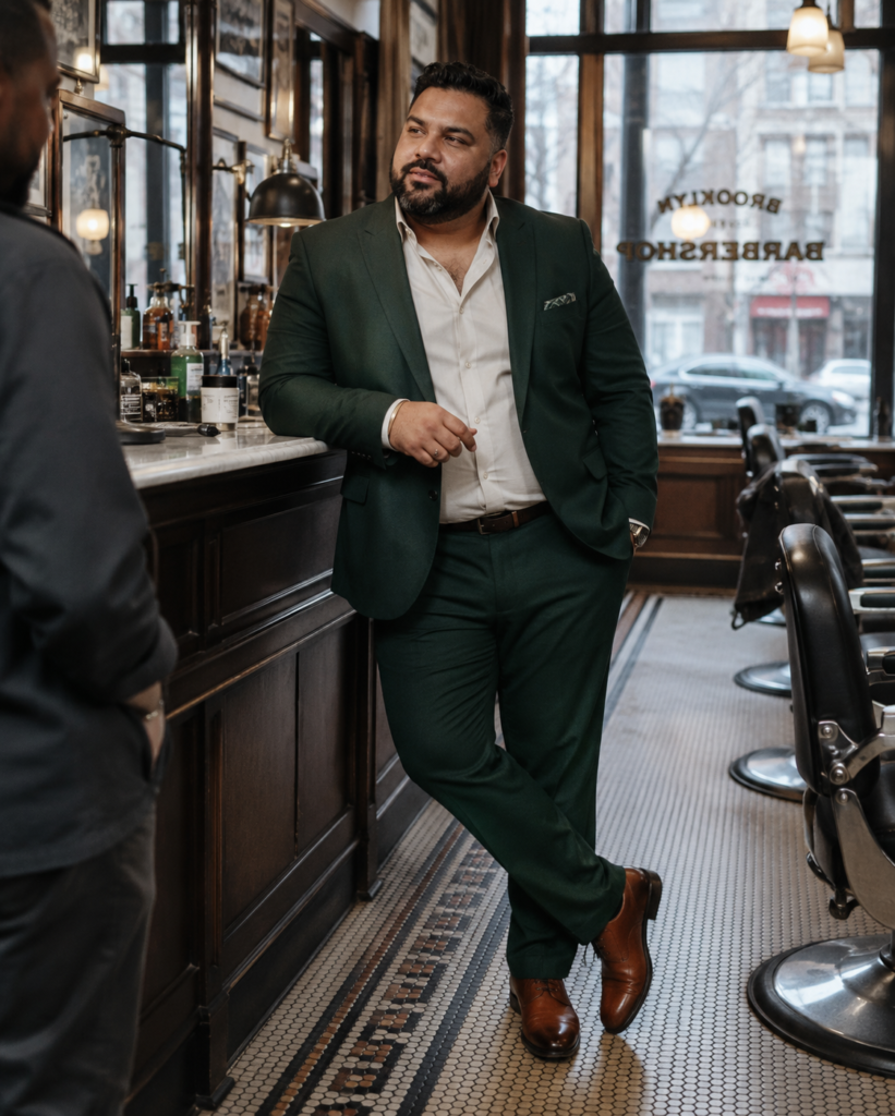 Forest Green Suit With a Cream Dress Shirt and Cognac Oxford Shoes

