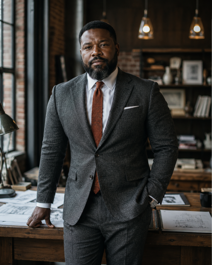 Grey Tweed Suit With a Rust Knit Tie