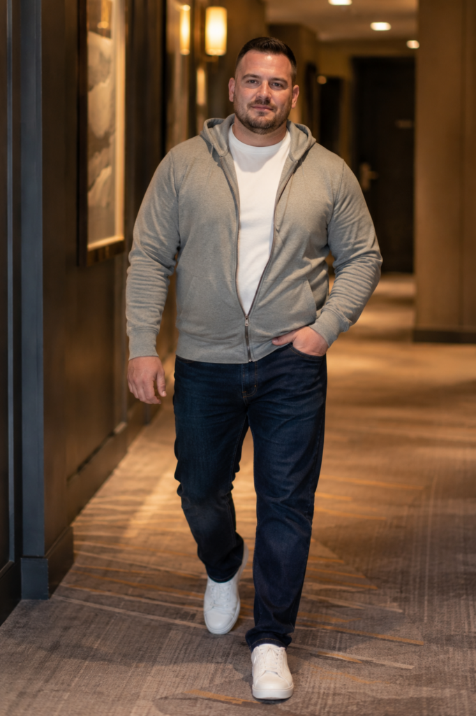 Heathered Grey Zip-Up Hoodie Over a White Tee With Dark Navy Straight-Leg Jeans and White Sneakers