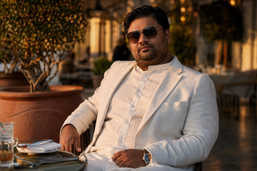 Ivory Linen Suit With a Mandarin Collar Shirt