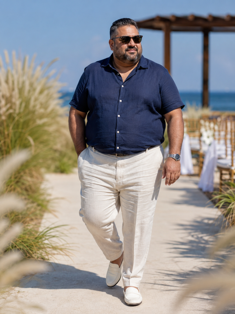 Ivory Linen Trousers With a Navy Short-Sleeve Linen Shirt and White Canvas Loafers