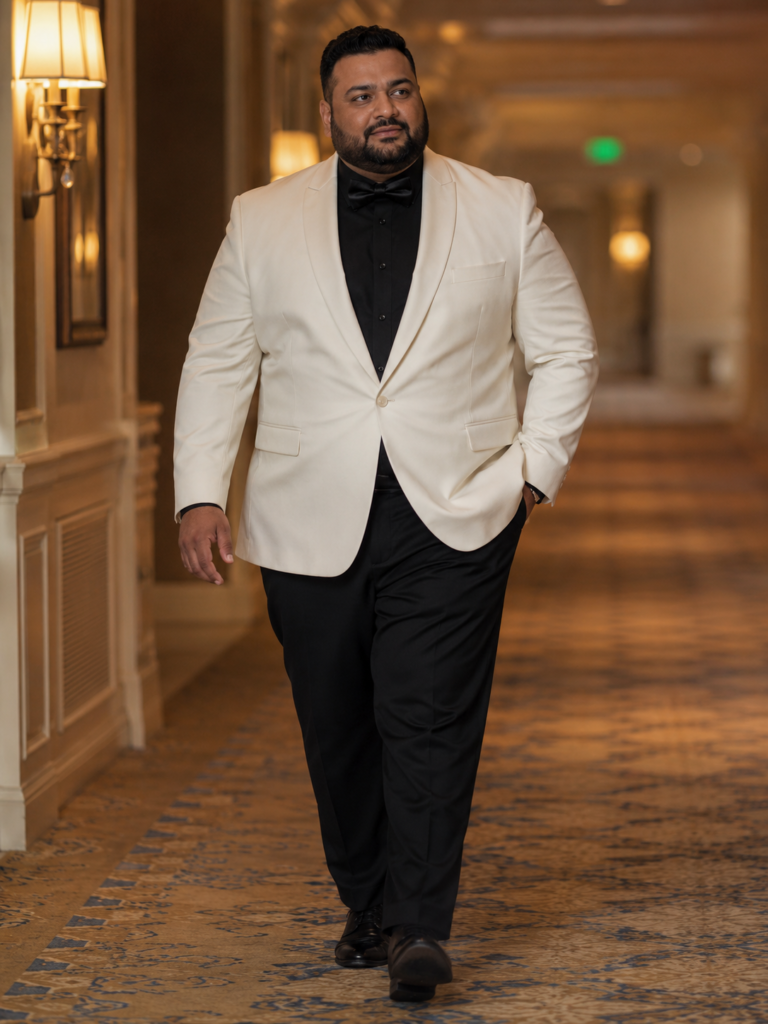 Ivory Tuxedo Jacket With Black Trousers, a Black Dress Shirt, and a Black Bow Tie