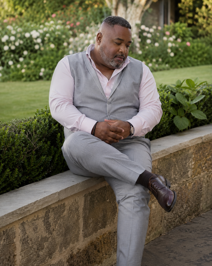 Light Grey Dress Trousers With a Matching Vest, a Pale Pink Shirt, and No Jacket