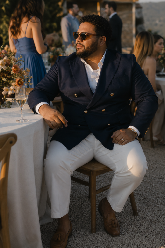Midnight Blue Double-Breasted Blazer With White Trousers and Loafers