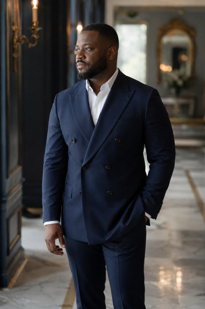 Navy Double-Breasted Suit With Peak Lapels