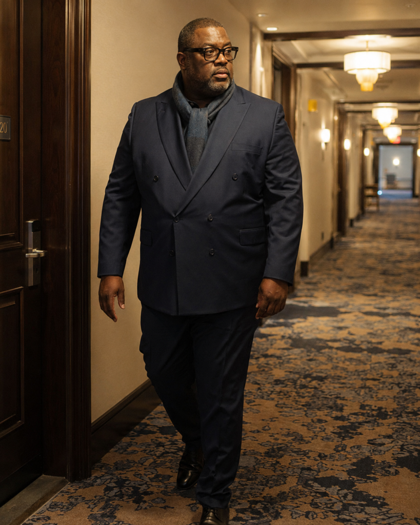 Navy Double-Breasted Suit With a Grey Cashmere Scarf and Black Oxford Shoes