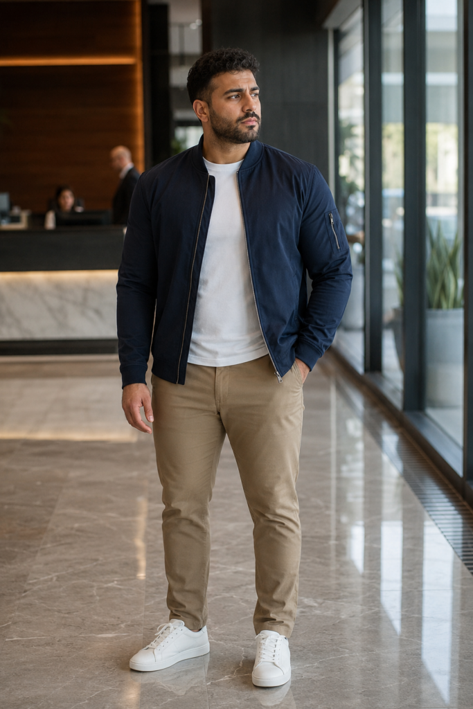 Navy Structured Bomber Jacket Over a White Tee With Slim-Straight Chinos and White Sneakers