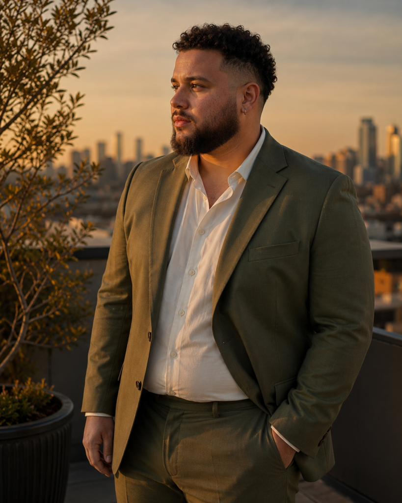 Olive Green Suit With a Cream Dress Shirt