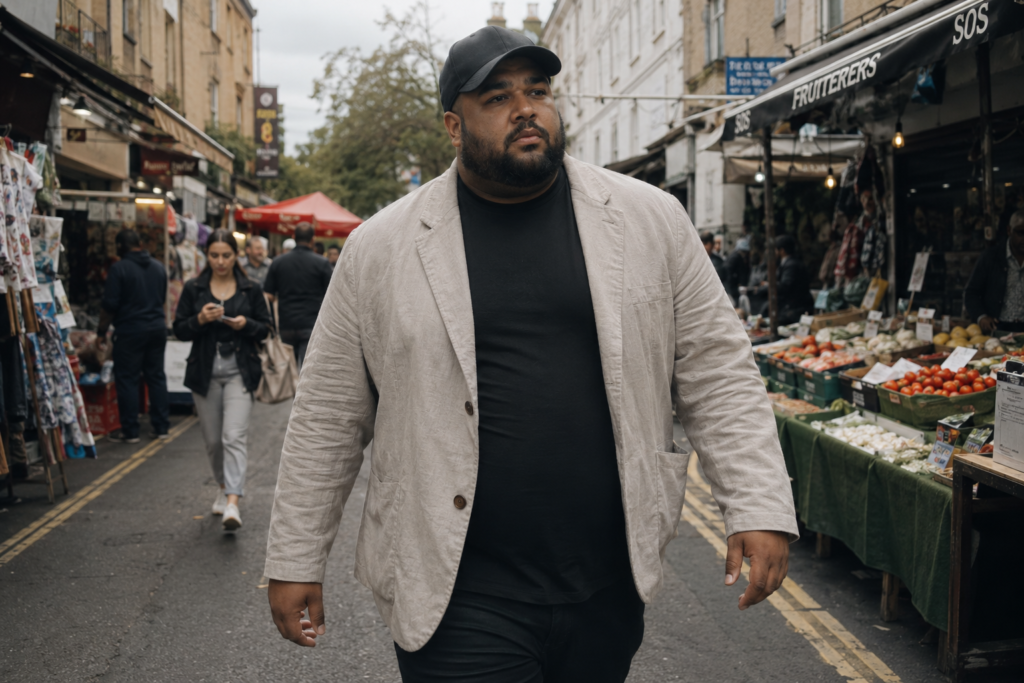 Oversized Stone-Colored Linen Blazer With Black Fitted Jeans and a Black Cap