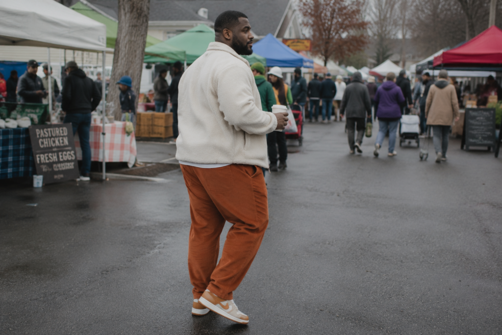 Relaxed Fit Corduroy Pants with a Half-Zip Fleece and Retro Sneakers