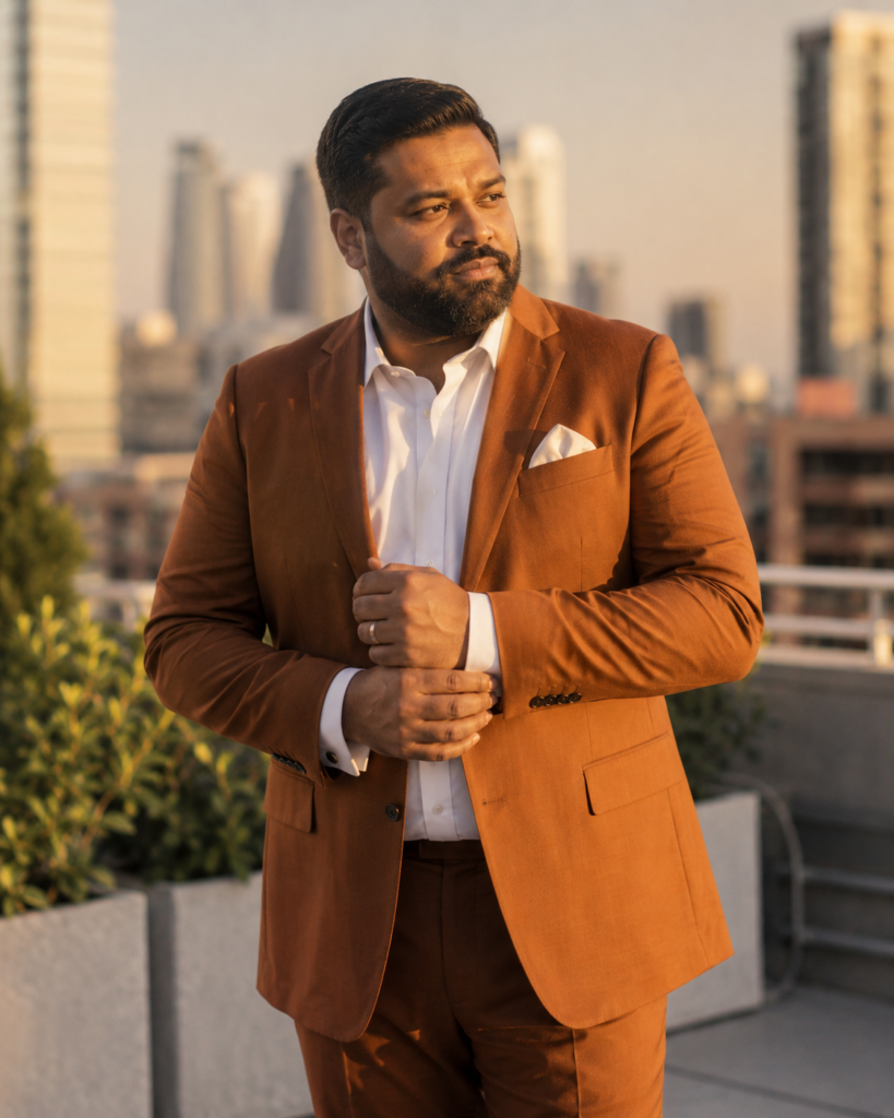 Rust Coloured Suit With a White Linen Pocket Square