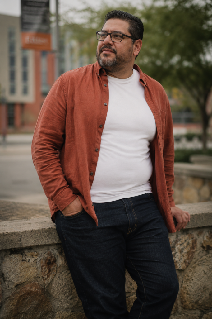 Rust Linen Overshirt Worn Open Over a White Fitted Tee With Dark Jeans