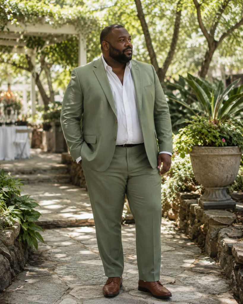 Sage Green Suit With a White Dress Shirt and Brown Derby Shoes