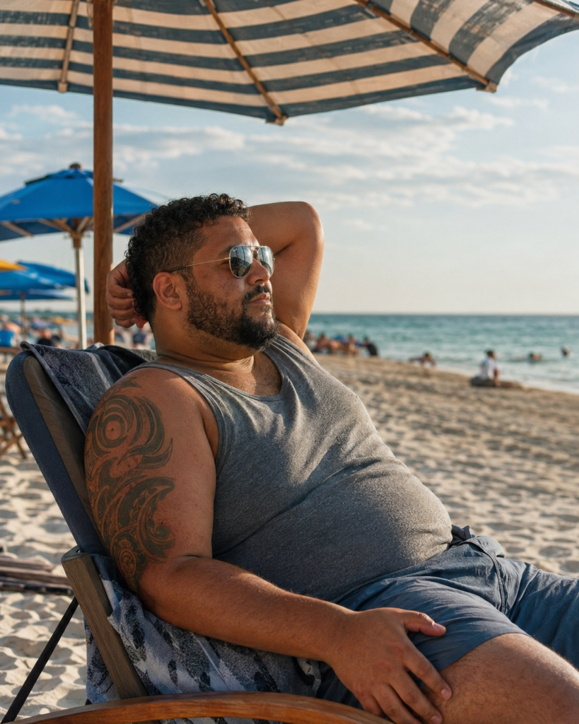 Slate Blue Swim Trunks With a Fitted Tank and Aviator Sunglasses