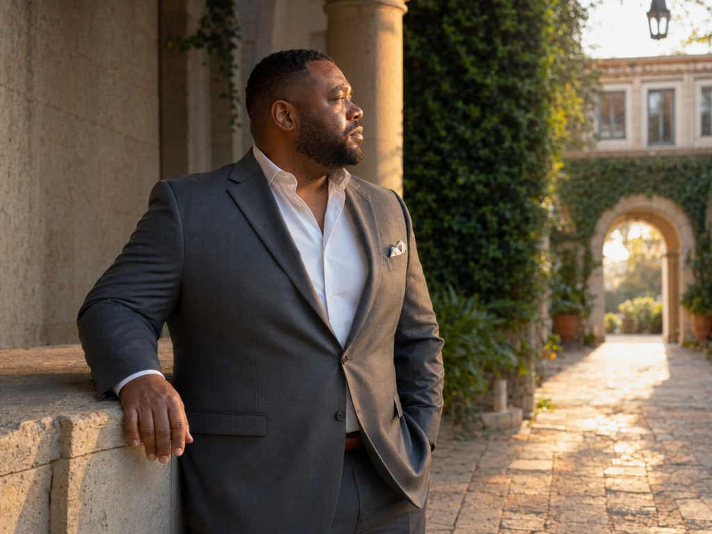 Slate Grey Suit With a White Dress Shirt and No Tie Across All Body Types