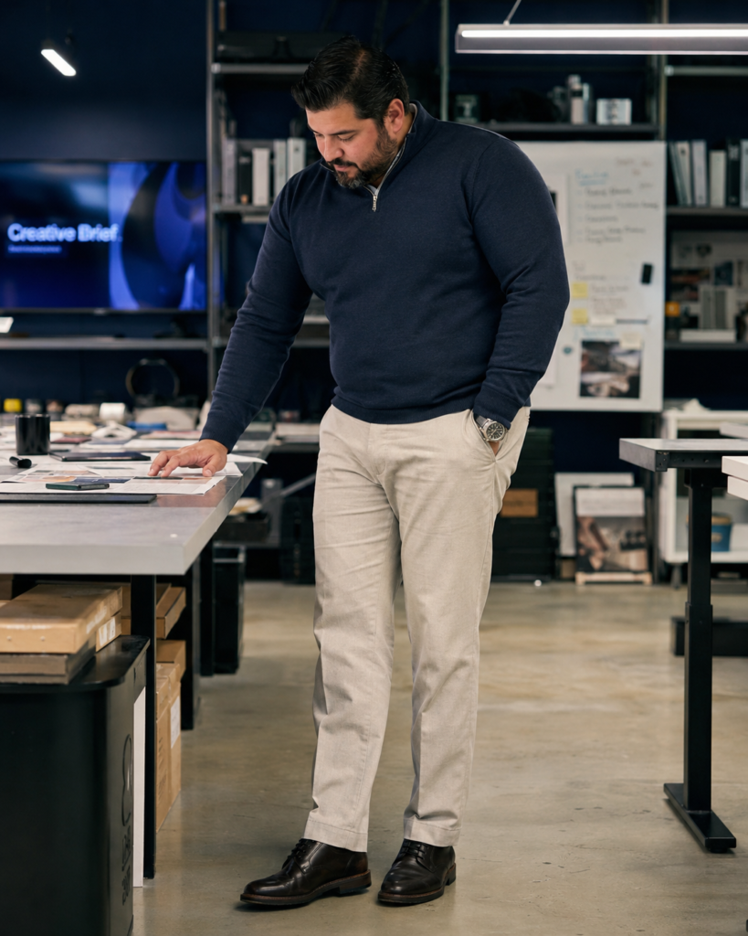 Stone Linen Trousers With a Fitted Navy Quarter-Zip Pullover and Dark Leather Derby Shoes