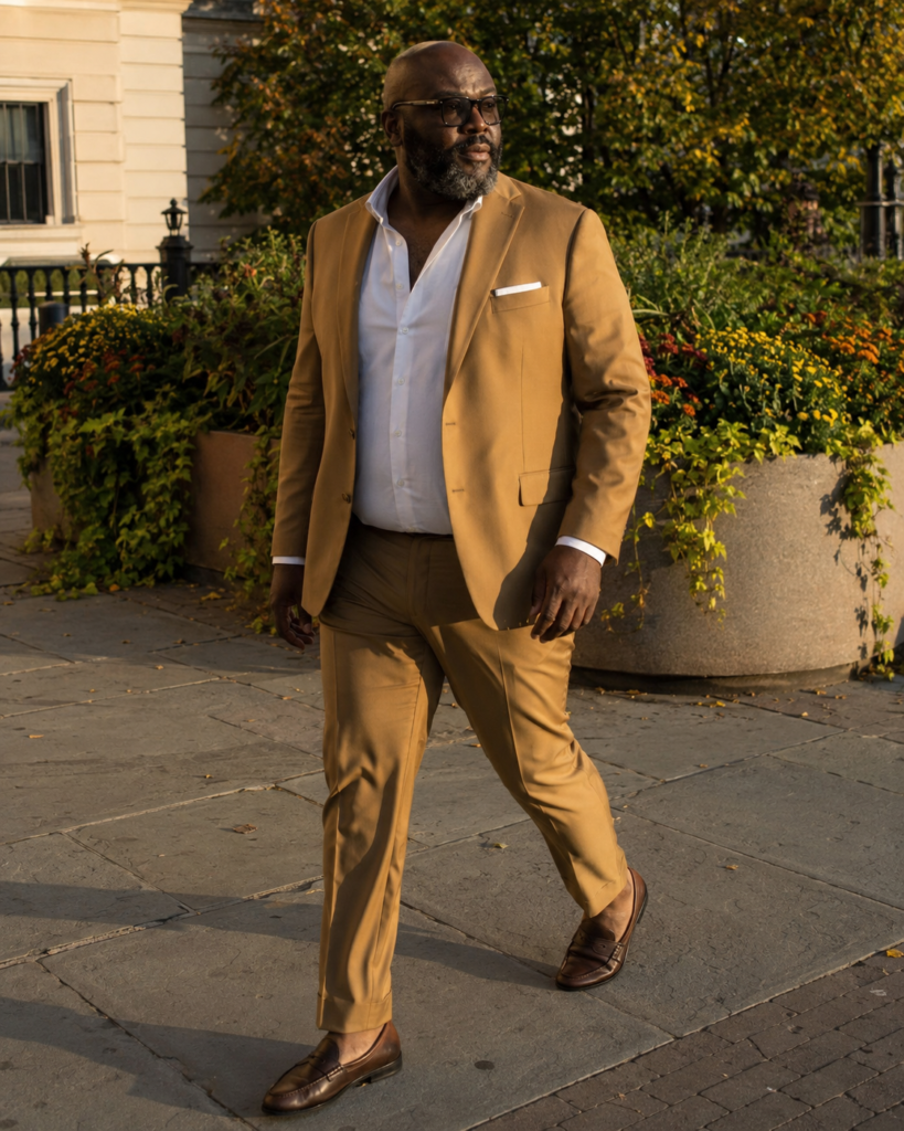 Structured Camel Suit Set With a White Shirt, No Tie, and Brown Loafers